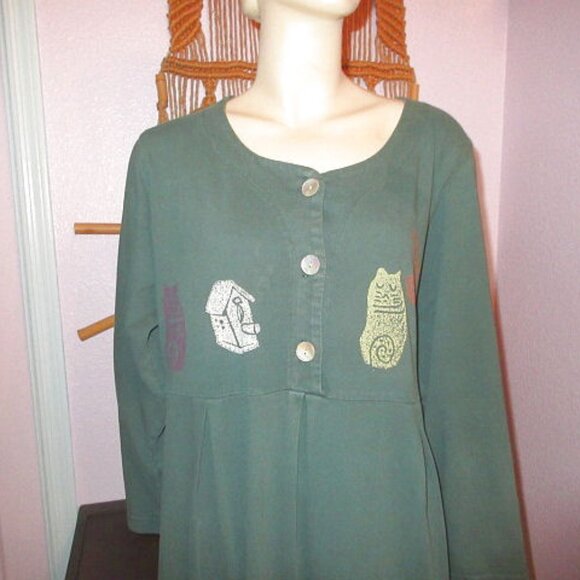 Vtg 70s Cat Lady T-Shirt Dress Size L Maxi Bird House Stretch Pleated Prairie - Picture 2 of 13